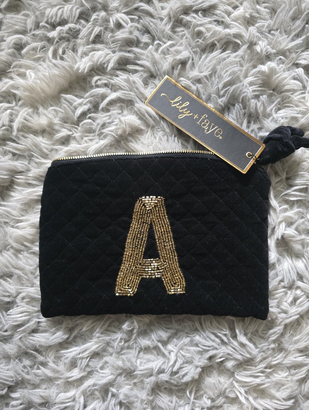 NWT Lily & Faye Black Quilted Cosmetic Pouch with Gold 'A' Monogram